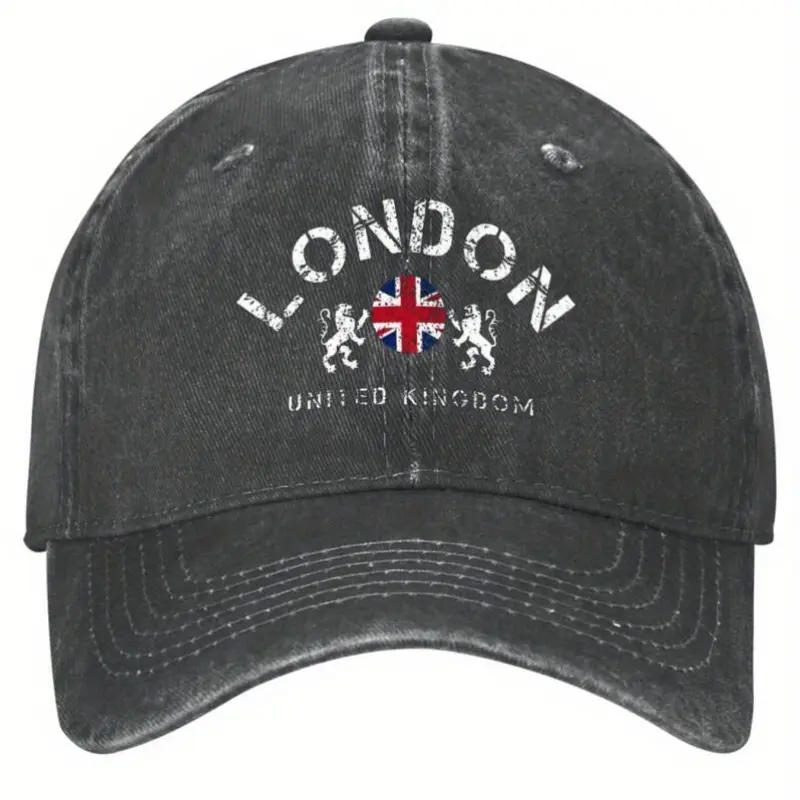 S&T London United Kingdom Union Flag England Commemorative Washed Denim Baseball Cap - Vintage Pattern, Lightweight, Breathable Holes, Curved Brim, Adjustable, Universal Fit, All-Season Daily Casual Outdoor Sports Hat for British Pride Travel, Cotton