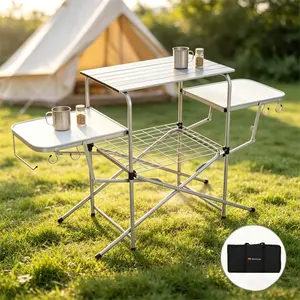 [Mother's Day Gift]Foldable Camping Kitchen Table,Outdoor BBQ Cook Station with Side Tables & Hooks, Portable Aluminum Folding Cooking Table with Carrying Bag, Quick Setup for Camping Picnic RV Travel summervibes