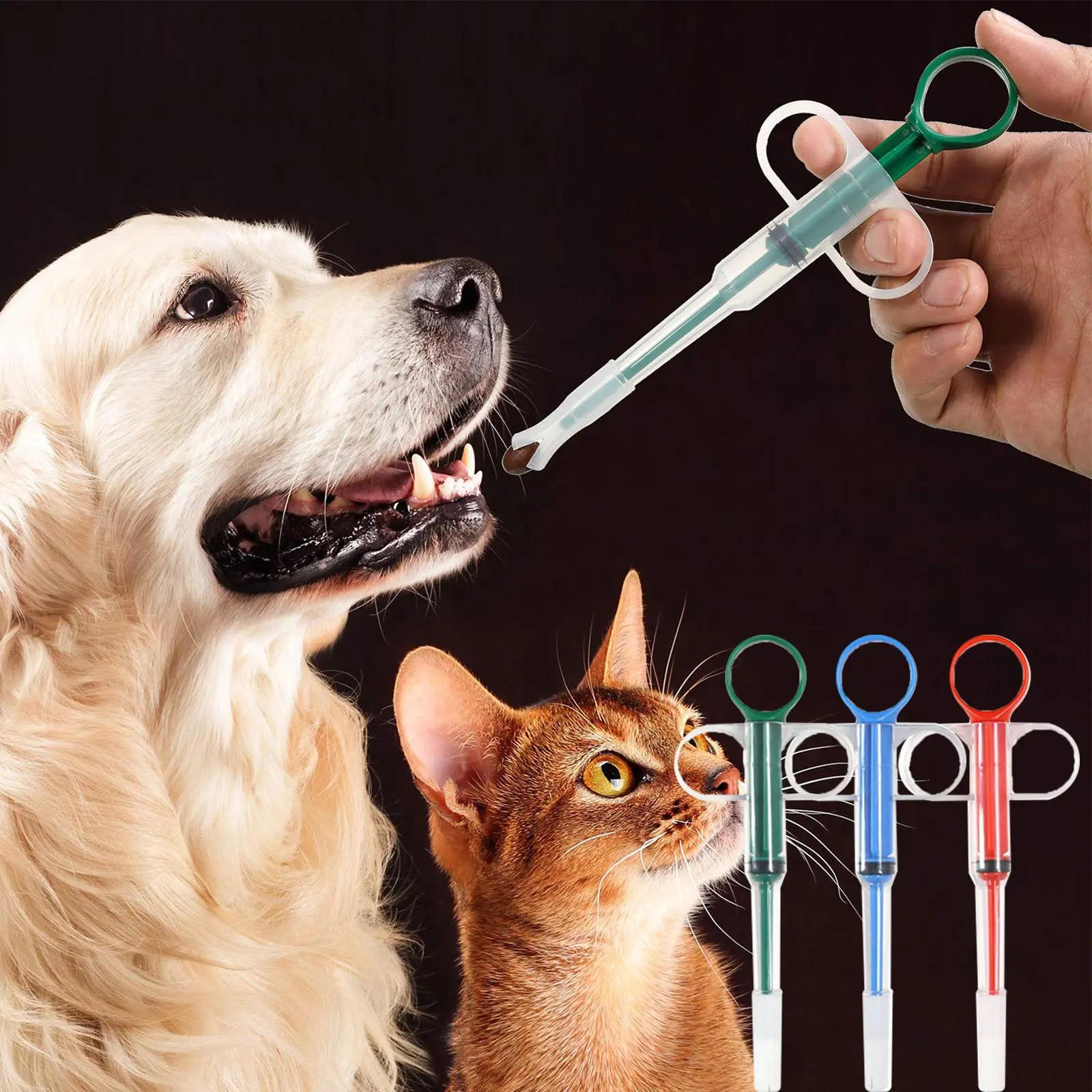 3-Piece Pet Pill Feeder Set with Soft Tips & Silicone Hose - Plunger Popper, Gun Dispenser Shooter, Piller, Tablet Syringe Pusher for Small Cats & Dogs (Green, Red, Blue)