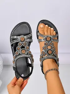 Bohemian Water Drill Flower Sandals, Flat Non-Slip Casual Shoes, Vacation Style Outdoor Women's Shoes, PU Material, All Seasons