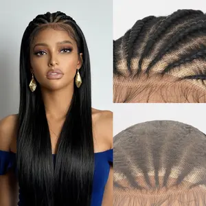 Ourwigs 13x6 Braided Straight Wigs for Women Full Lace Frontal Box Braids Wigs with Baby Hair Synthetic Fully Handmade Braided Wig  #2 Natural Color