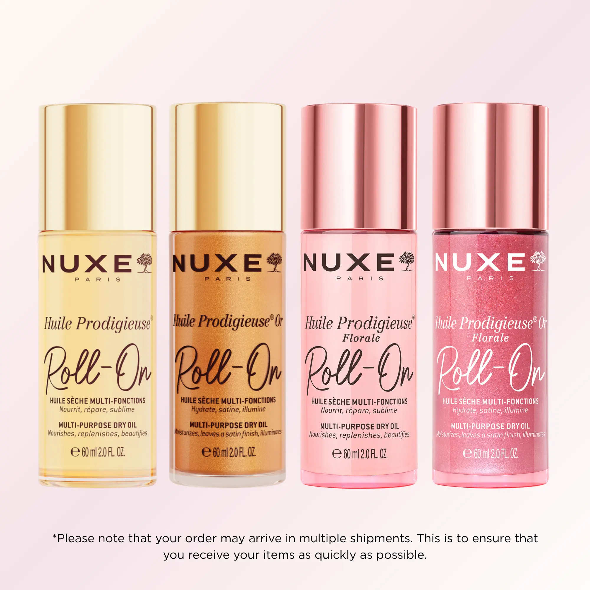 NUXE Huile Prodigieuse Roll On Body Oil Set, Original, Floral, Shimmer & Rose Shimmer, 4 x 2 Fl Oz