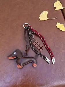 Leather Dachshund Dog Bag Charm Keychain, Creative Key Ring Holder, Handmade Braided Rope Car Key Fob, Phone & Bag Accessory Gift