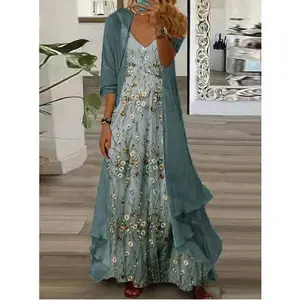 Womens's Casual 2 Piece Set Boho Floral Print Maxi Dress with Cardigan Flowy Chiffon Wedding Guest Dresses for Women Summer Peplum floaty dress elegant fashion