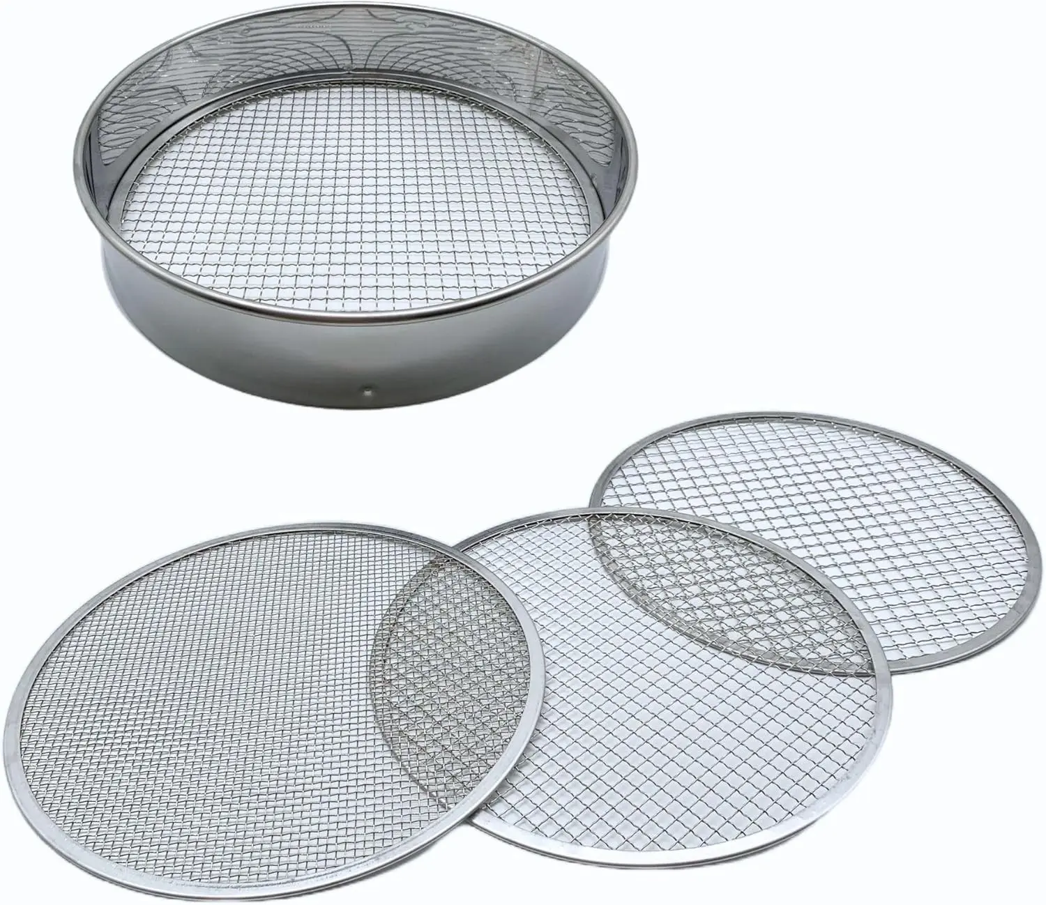 Soil Sifter Set with 3 Sieve Meshes for Rock and Sand - Stainless Steel