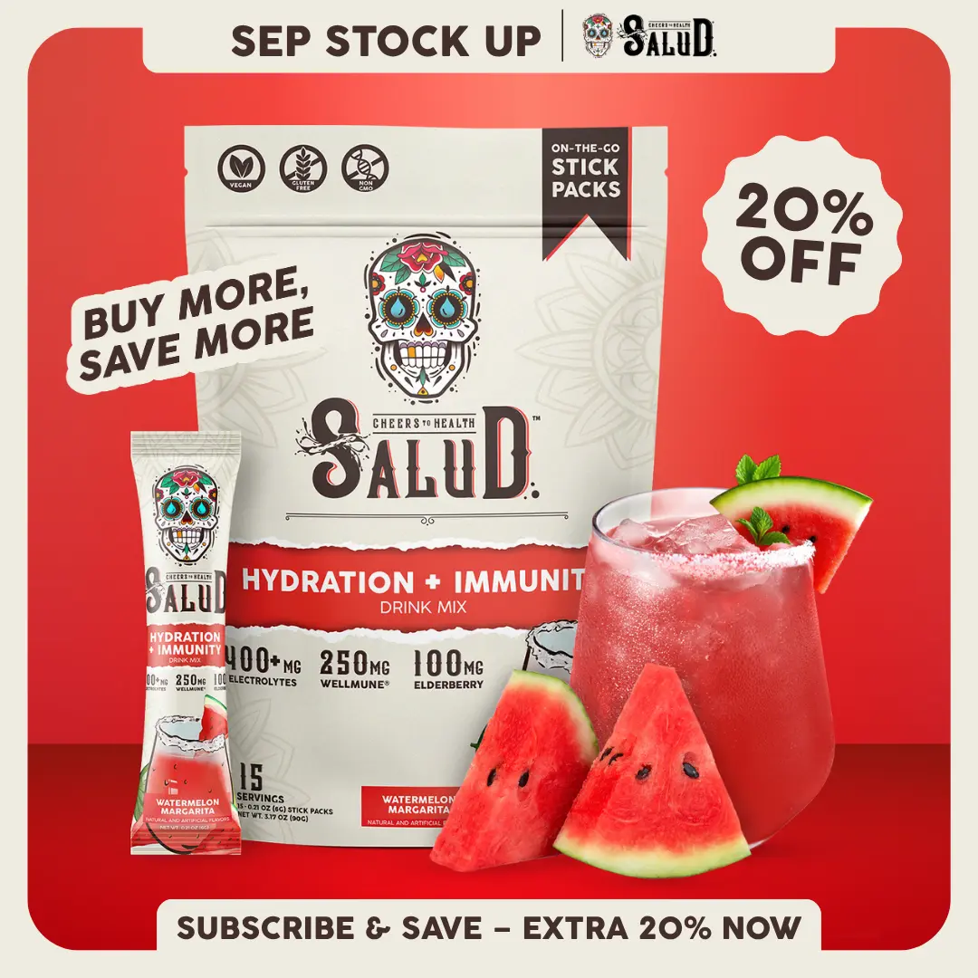 Salud 2-in-1 [Hydration + Immunity - Watermelon Margarita] Electrolytes Powder, Agua Fresca Drink Mix, Elderberry, Dairy & Soy Free, Non-GMO, Gluten Free, Vegan, Low Calorie, 1g Sugar (15 Servings)
