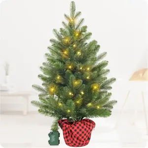 Artificial Christmas Tree 3FT Tabletop Mini Pine Tree with Red Plaid Base Small Xmas Tree for Holiday Decoration Indoor Home Office Desk Bookshelf Fireplace Front Porch Christmas Décor