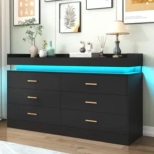 6 Drawer Dresser with LED Light, Modern Chest of Drawers for Closet, Wide Drawer Organizer Cabinet for Bedroom, Living Room, Entryway, Hallway