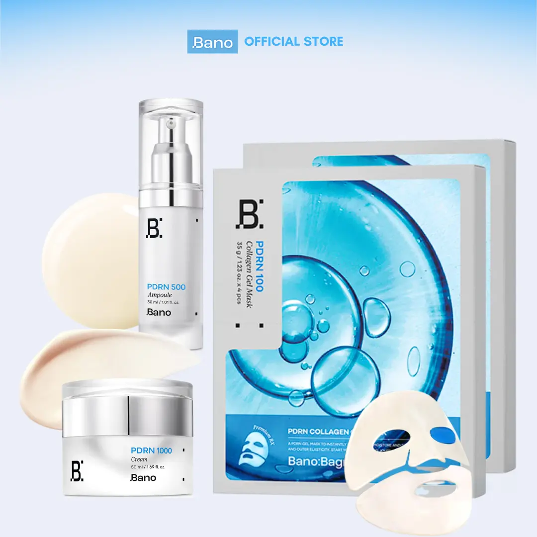 Bano PDRN Line - The Ultimate Elasticity + Deep Hydration Complex | PDRN 500 Lifting Ampoule 1 FL OZ + PDRN 1000 Anti-Aging Cream 1.69 FL OZ + PDRN Collagen Gel Mask 4-Pack (2x)