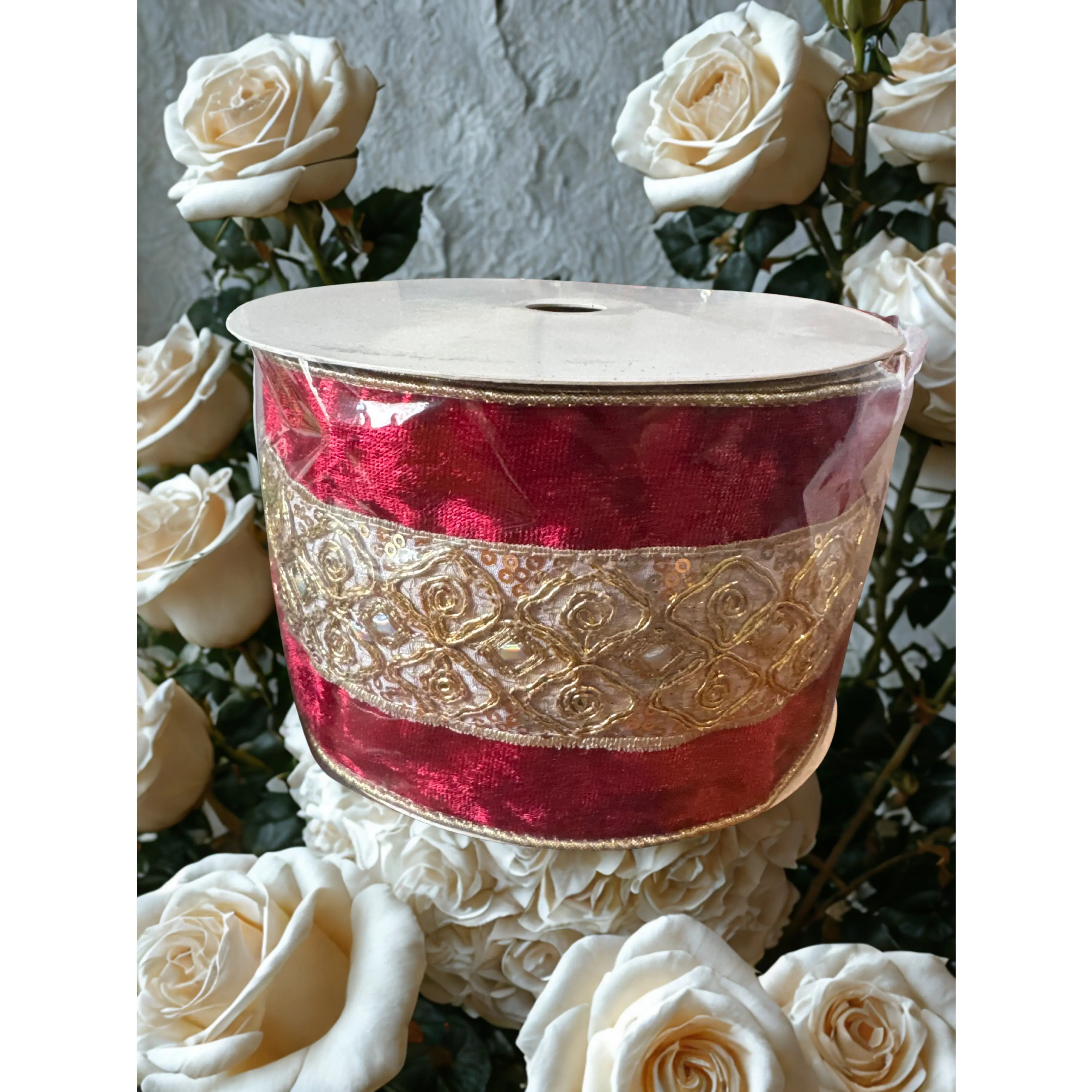 4-inch Red Velvet Ribbon with Gold Embellishments & Sequins – 4" x 10 Yards