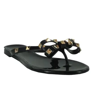 Wild Diva Women's JOJO-01 Studded Bow Detail Jelly Waterproof Flip Flop Sandals