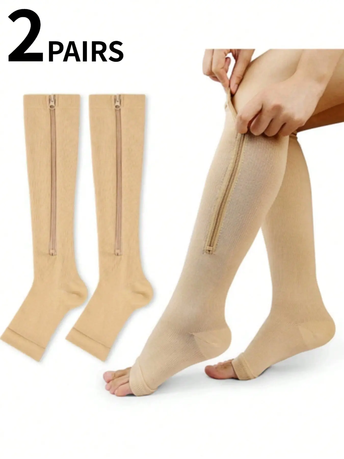 2 Pair Zipper Open Toe Sports, Travel, Breathable Compression Socks For Men Circulation & Women Pregnancy Blood Flow For Adult Medical Athletic Running Hiking Cycling, For Gym, Side Zip Knee High Socks, Polyester Socks