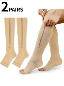 2 Pair Zipper Open Toe Sports Compression Socks For Men Circulation & Women Pregnancy Better Blood Flow Best For Adult Nurses Medical Athletic Running Nurses Hiking Cycling, For Gym, Side Zip Knee High Socks,Comfort And Breathability,Suitable For Sports