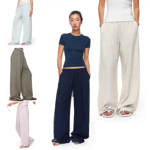 FDR Women's Linen Tencel Cotton Low Rise Pants - Wide Leg Loose Fit Fall Casual Lounge Pants with Pockets Breathable & Cooling Natural Touch with Wrinkle Resistant Draped Straight Leg Comfy Elastic Waist #TikTokFashion Bottoms Womenswear