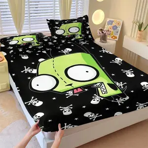 Invader ZIM GIR Fitted Sheet Set (3 Piece, Includes 1 Fitted Sheet + 2 Pillowcases), Skull & Crossbones Print Bedding for Teens & Cartoon Fans, Bedroom Decor