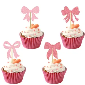 12/24pcs Bow Cupcake Toppers Glitter Bowknot Cupcake Picks Bow Tie Birthday Decorations Princess Bow Cupcake Decorations for Bowknot Theme Birthday Party Supplies