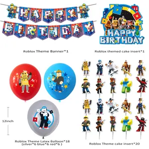 Roblox Theme Banner Balloon Cake Topper Set for Birthday Party Decoration 18 Latex Balloons 20 Cake Inserts 1 Banner 1 Cake Insert