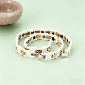 Men Women's Ceramic Bracelet, Health Energy Hematite Bracelet, Gold Tone AAA Cubic Zirconia Wrist Chain for Ladies