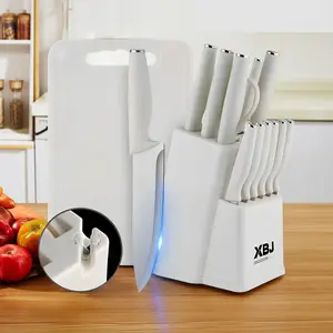 15-Piece Kitchen Knife Set with Solid Wood & Plastic Knife Block: Chef's Knife, Japanese-Style Knife, Meat/Vegetable Knife, Chicken Bone Knife, and German-Style Steak Knife – All Included. Utensils Kitchenware Home Wooden Cutting