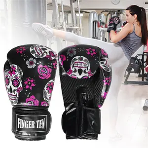 FINGER TEN Women's Black Leather Boxing Gloves for Kickboxing MMA Training - Available in 8, 10, 12, and 14 oz Sizes