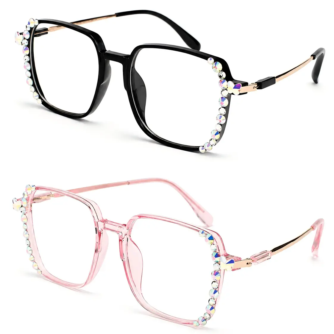 2-Pack Women’s Rhinestone Reading Glasses, Oversized Square Fashion Readers with Sparkling Frame Detail for Daily Reading