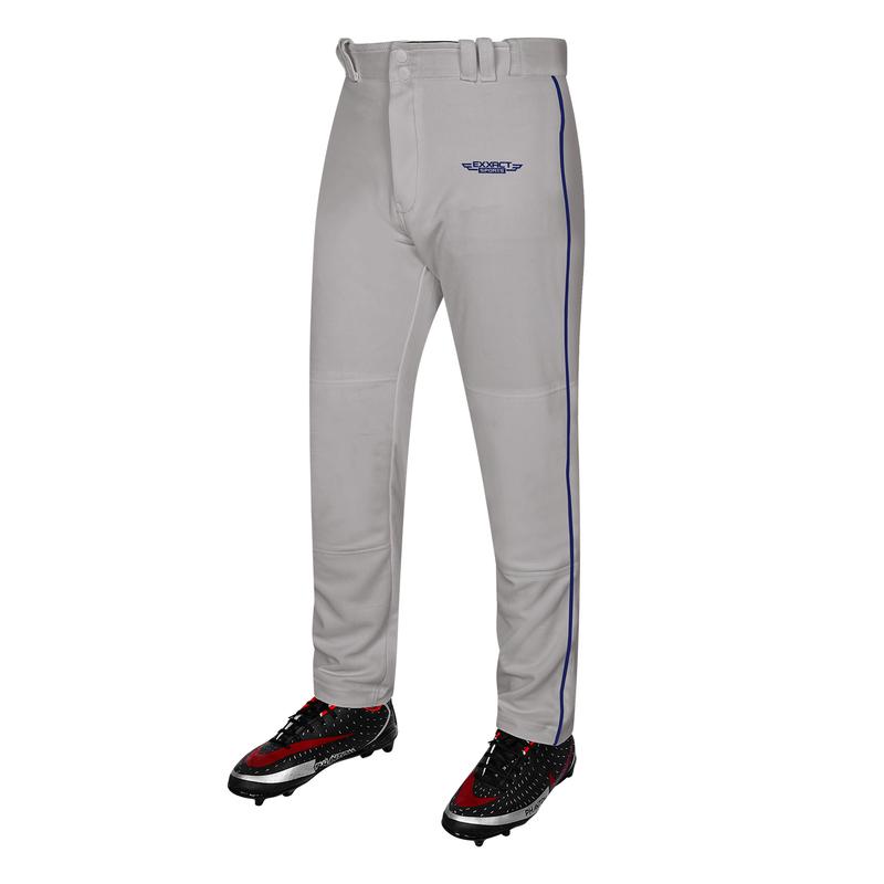 Exxact Sports Homerun Mens Baseball Pants - Full Length Baseball Pants Mens with Piping, Semi-Relaxed Open Bottom Pants (Gray / Navy Piping)