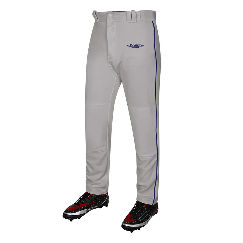 Exxact Sports Homerun Mens Baseball Pants - Full Length Baseball Pants Mens with Piping, Semi-Relaxed Open Bottom Pants (Gray / Navy Piping)