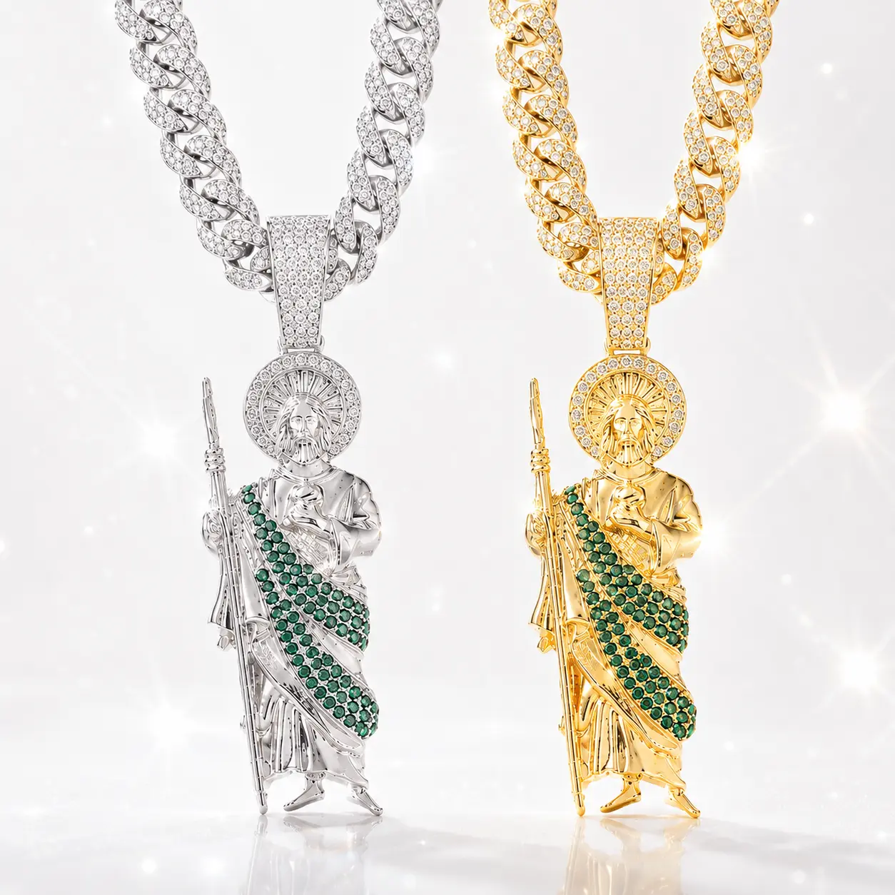 HOLDNEAR Men's Iced Out San Judas Tadeo St Jude Pendant Necklace, Green Rhinestone Religious Medallion with 20" & 22" Cuban Link Chain, Hip Hop Catholic Jewelry Gift, Chain for Boyfriend