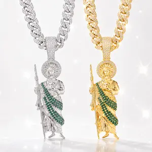HOLDNEAR Iced Out San Judas Tadeo Pendant Necklace,Green & White Zircon St. Jude Medallion,20" Gold Cuban Link Chain,Urban Hip Hop Religious Jewelry for Men-Protection Amulet Gift, Daily, Hip Hop Style