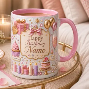 Custom Birthday Coffee Mug, 2D Printed 3D Effect Cake Balloon Graphics Ceramic Cup for Women and Girls, Personalized Birthday Keepsake Mug for Friends Sisters and Besties, Perfect Celebration Gift Idea
