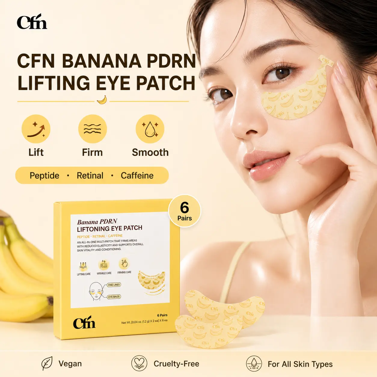 CFN Banana PDRN Liftoning Eye Patches, Firming Brightening De-Puffing & Hydrating Hydrogel Patches for Under Eyes and Smile Lines, Vegan Korean Skincare,  6 Pairs backtoschool