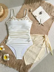 Teen Girl Knit Starfish Print Jumpsuit Set, 2-Piece Bikini with Mini Skirt Cover-Up for Beach Vacation