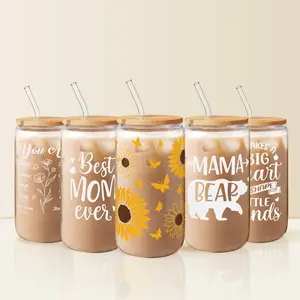 Sandjest Stylish 16oz Gift Glass Cup with Bamboo Lid & Straw, Iced Coffee Drinking Can Shaped Cups, Drinkware Home Office Mom Mother Women Christmas