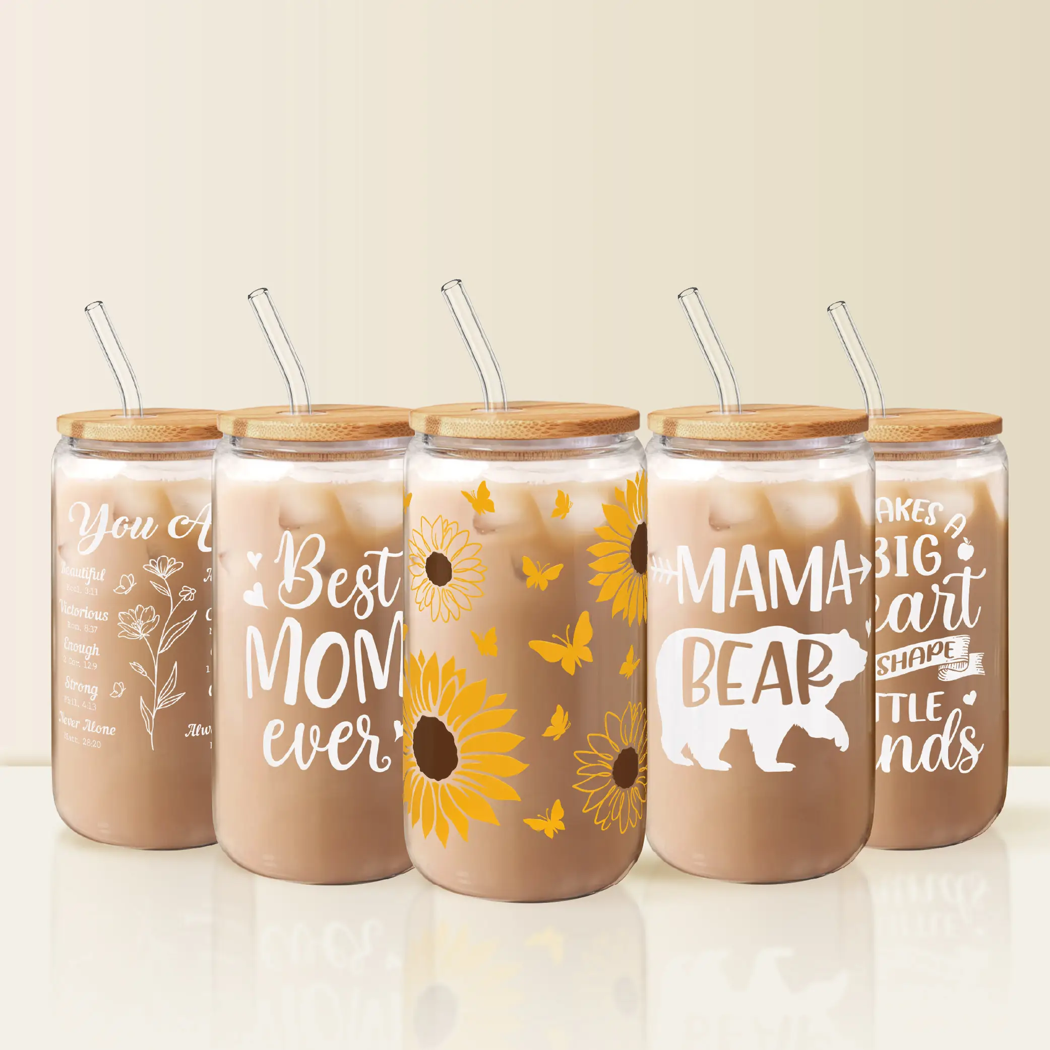 Sandjest Stylish 16oz Gift Glass Cup with Bamboo Lid & Straw, Iced Coffee Drinking Can Shaped Cups, Drinkware Home Office Mom Mother Women Christmas