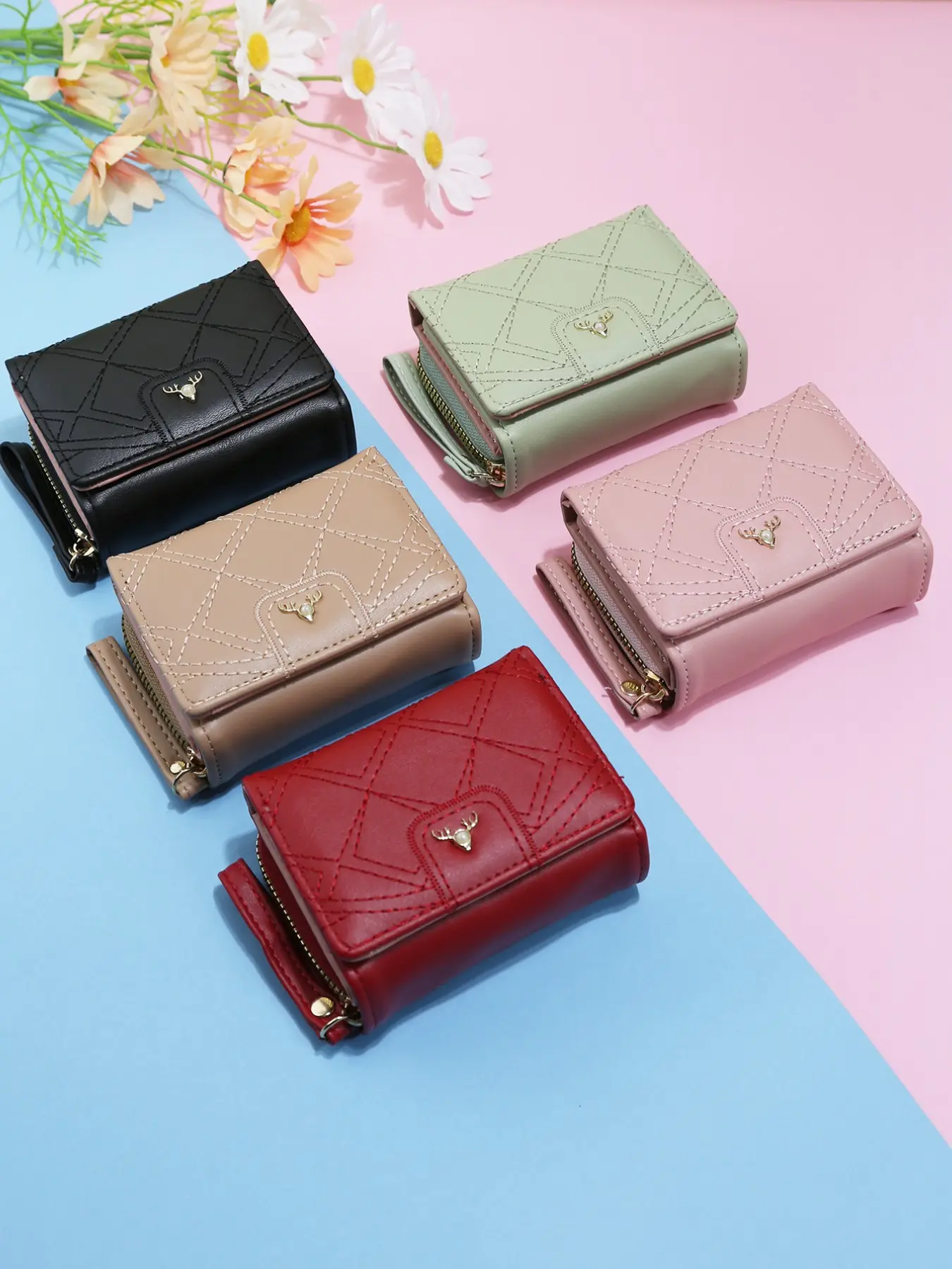 Lattice Candy Color Short Women's Quilted Wallet, Card Holder Money Clip, Zipper Coin Purse with Multiple Card Slots, Commuter Handbag