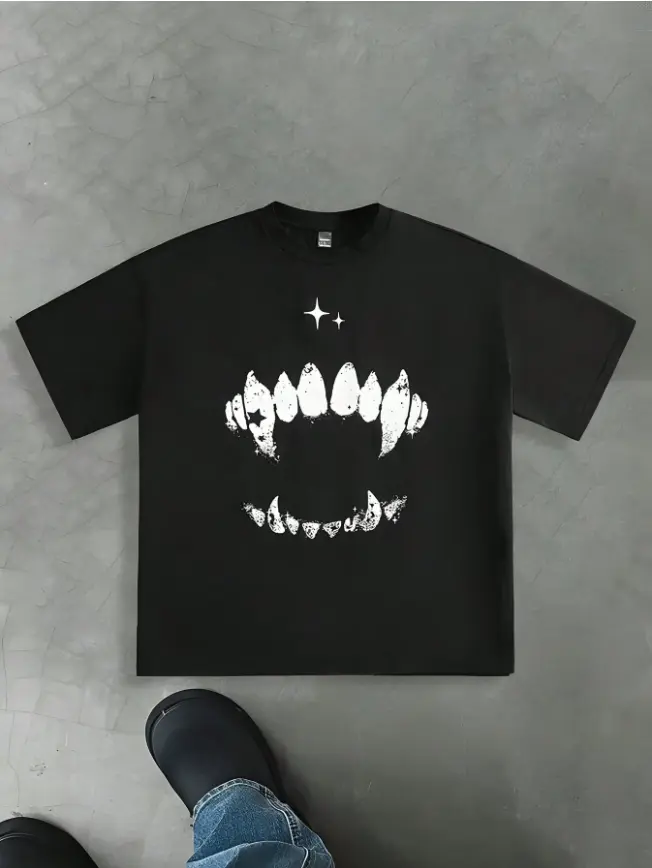 Gothic Monster Teeth Star Graphic Unisex Tshirt Weekend Skate Trip Night Out Breathable Cotton Tee Distressed Heat Transfer Tshirt