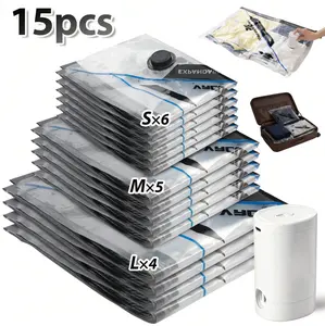 15 Pack Travel Vacuum Storage Bags with Wireless Rechargeable Pump,Reusable & Space Saver Compression Packing Bags for Clothes Bedding & Travel  Luggage and Suitcase Organiser,Seasonal Storage