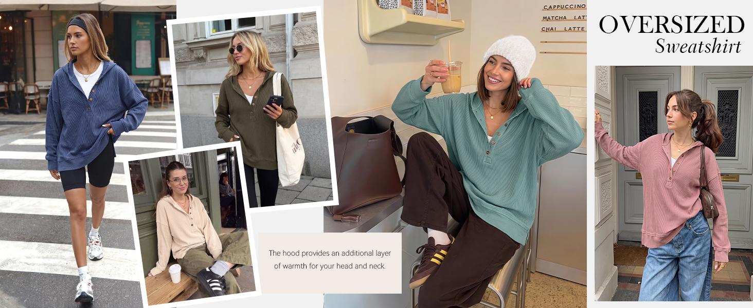 PRETTYGARDEN Womens Fashion Long Sleeve Hoodie Oversized Button Up V Neck Sweatshirt Side Slit Casual Pullover Tops for Fall Cozy Goals