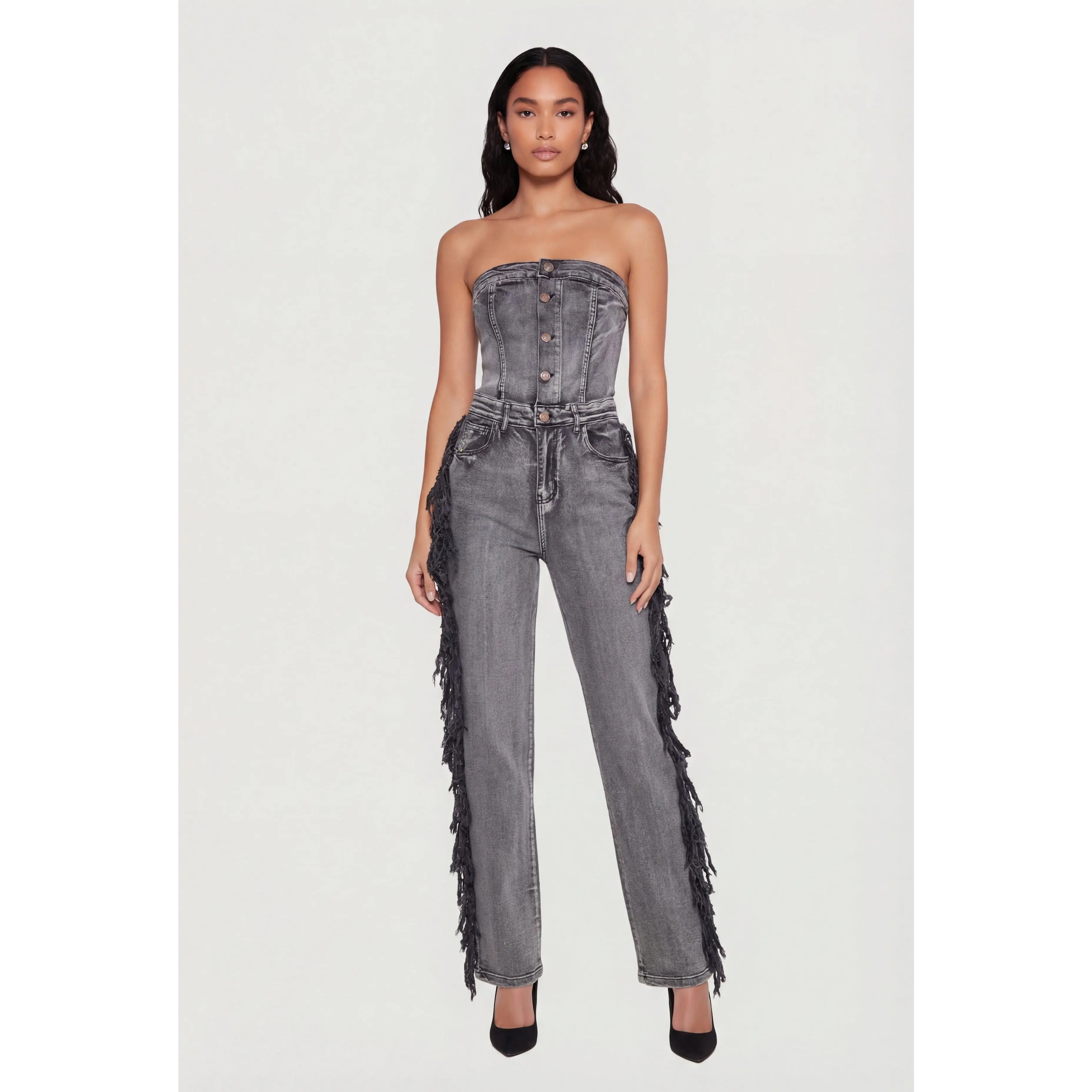 Acid Wash Denim Side Fringe Corset Tube Jumpsuit
