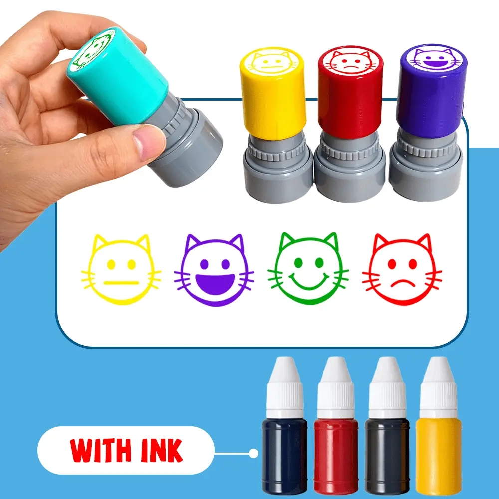 Cute Cat Emotion Stamp Set with Colorful Ink, Fun Stamps for Office Marking, Journal Decor & Creative Design