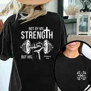 Menswear Vintage Unisex Round Neck Casual Pure Cotton Fabric T-shirt - Double-sided 'Not by my strength, but by His' Graphics, Cross-Dumbbell Pattern