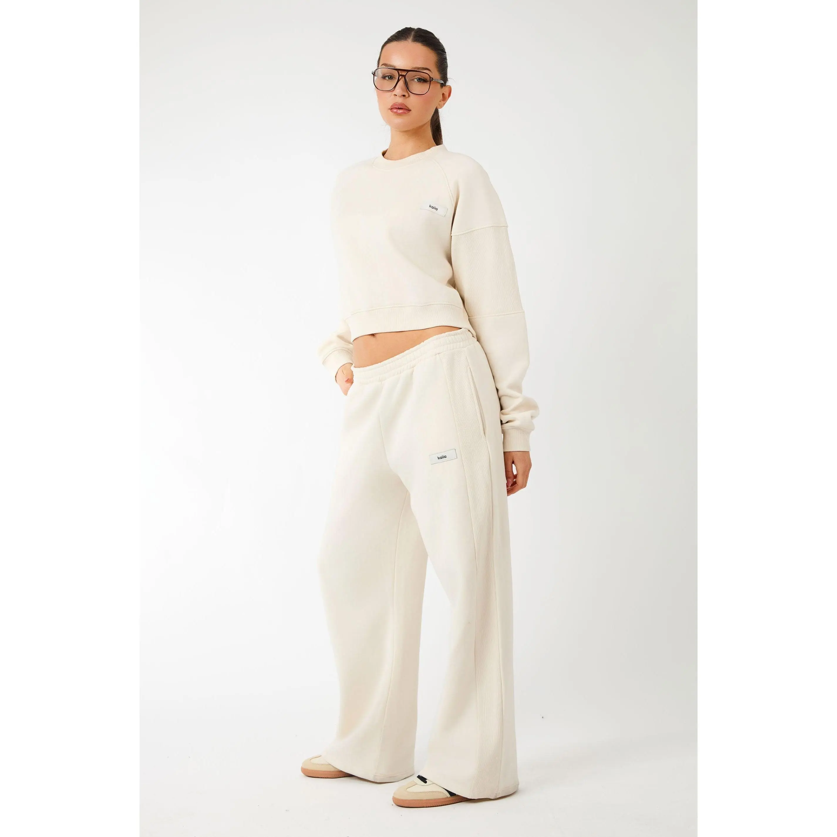 Kaiia Label Logo Rib Panel Wide Leg Joggers Cream