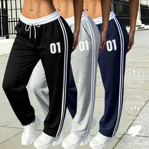 3-pack solid-color yoga pants for fitness—fashionable casual athletic long pants for women; elastic-waist jogging pants with pockets suitable for sports and leisure, ideal for outdoor wear in all seasons.