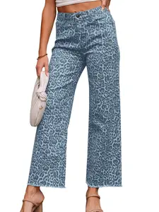 Women's High Waisted Wide Leg Leopard Print Frayed Hem Jeans - Casual Stretch Denim Pants with Pockets, Sky Blue