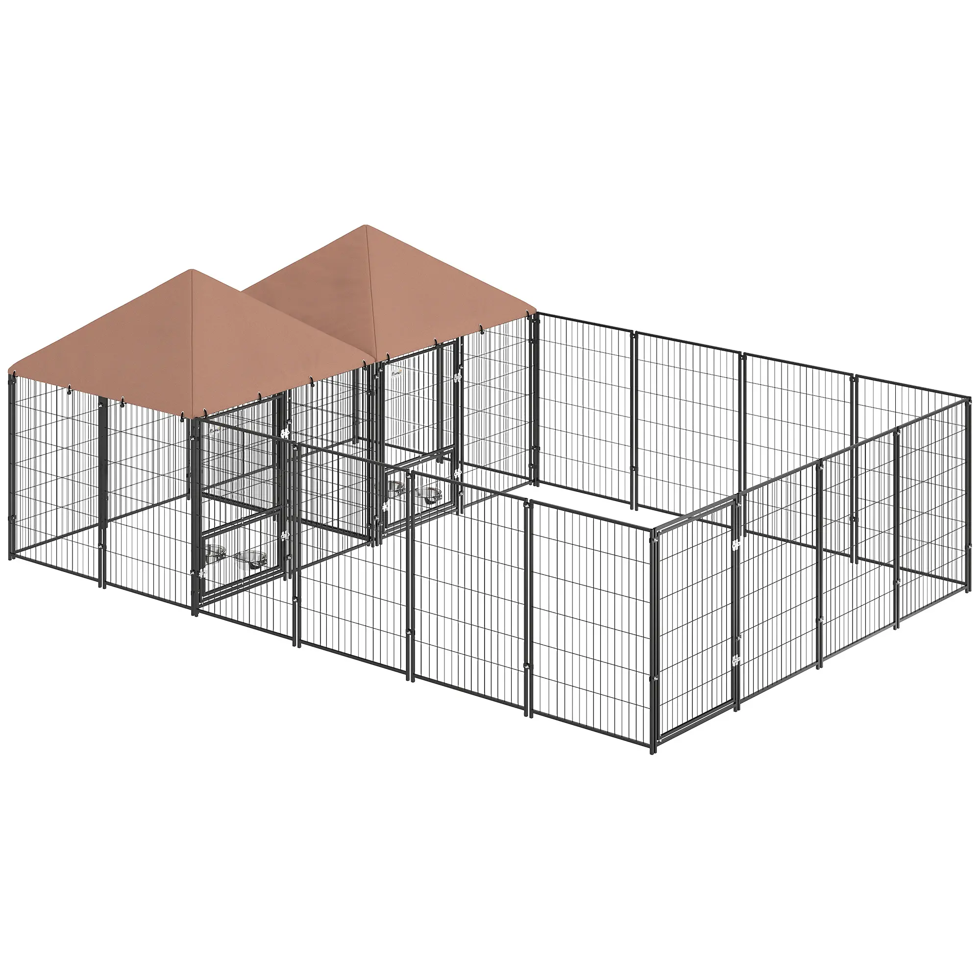 PawHut Dog Kennel Outside with 2 Rooms, Large Outdoor Dog Kennel Run with Rotating & Adjustable Height Bowls, Waterproof & UV-Resistant Canopy, Welded Wire Pet Enclosure Playpen, 13.5' x 9.4' x 5.1'
