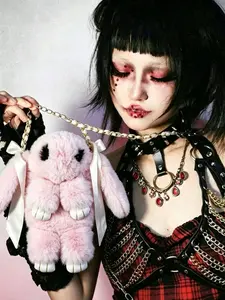 Original Handmade Rope Chain Ears Rabbit Plush Crossbody Bag, Cute Animal Pattern, All Seasons, Stylish and Unique Accessory