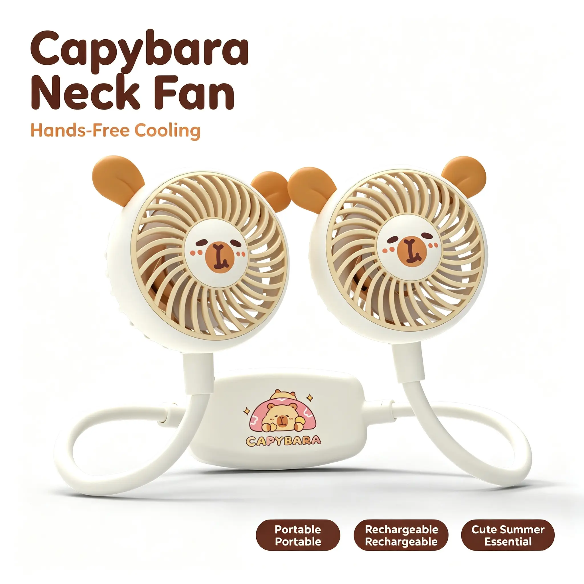 Capybara Pattern Wearable Neck Fan, Hands Free Portable Bladeless Neck Cooler, USB Rechargeable Adjustable Mini Personal Fan for Travel Sports Outdoor Camping