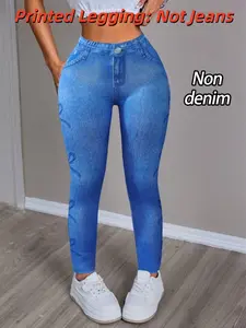 【Printed Legging - Not Denim Fabric】Women's Fashion Sporty Skinny Pants, Womenswear, Digital Print Denim Look, All-Season Wear, Durable Washable Material, Versatile Elegant Style