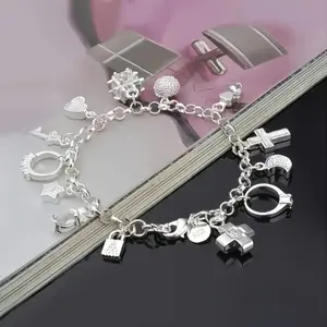 925 Sterling Silver Heart Key Pendant Bracelet – Bohemian Style 13 Small Pendants Shiny Jewelry for Women Handmade Cuban Link