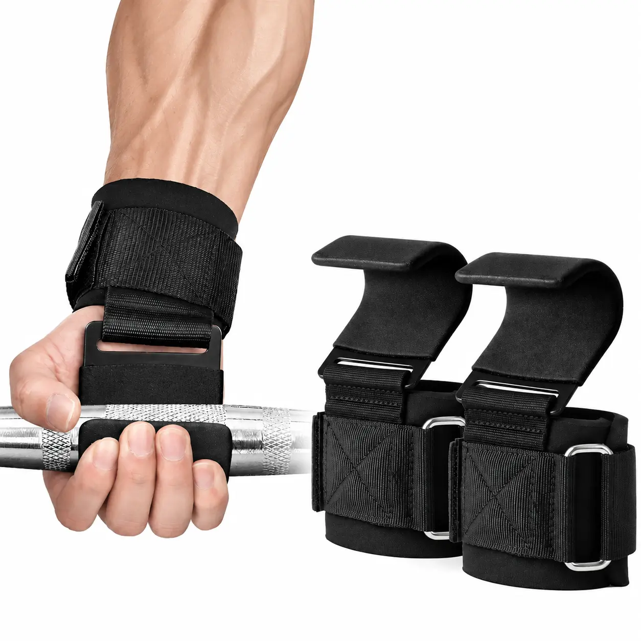Weight Lifting Hooks for Women and Men, Wide Padded Adjustable Wrist Straps for Grip Support During Deadlifts, Rows, Shrugs and Pulldowns, Comfortable Gym Training Gear